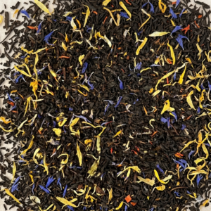 Exotische zwarte thee Zuidzee Droom met kleurrijke bloesems