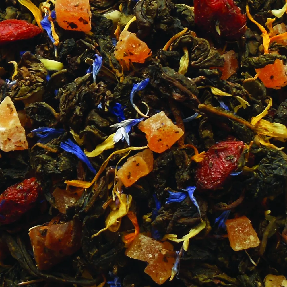 Peachy Goji Berry Oolong thee - verfijnde Oolong blend met perzik, goji bessen en korenbloemen